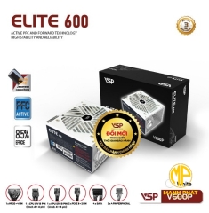 Bộ nguồn công suất thực VSP Elite V600P (600W AC 180-240V/ 5A| A.PFC| 2*8Pin| 2* PCIe 8Pin| 4*Sata| 2*Molex| OCP, OPP, SCP Trắng)