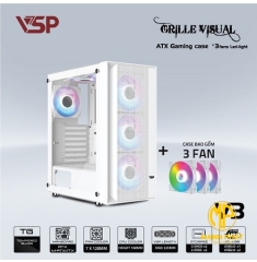 Vỏ Case Máy Tính VSP Gaming V3 Trắng (ATX USB 3.0 | Có Sẵn 3Fan LED | Mặt trước lưới | Nắp hông kính)