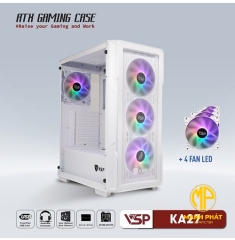 Vỏ Case VSP Gaming KA27 Trắng 4fans Led (ATX USB 3.0 | Có Sẵn 4Fan LED | Hai mặt kính)
