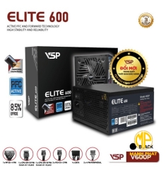 Bộ nguồn công suất thực VSP Elite Active PFC V600P (600W AC 180-240V/ 5A| A.PFC| 2*8Pin| 2* PCIe 8Pin| 4*Sata| 2*Molex| OCP, OPP, SCP Đen)