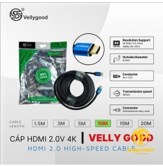 Cable HDMI VellyGood 10m (2.0v 4K/8.0mm/19+1 CCS/Gold aluminum alloy mold) 