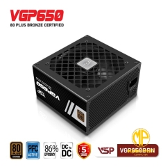 Bộ nguồn VSP VGP650BRN JPN 650W (80Plus Bronze| AC 100~240V/ 12/6A| A.PFC| DC to DC | 2*8Pin| 2* PCIe 8Pin| 6*Sata)