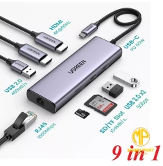 Bộ chuyển USB C 9 trong 1 Ugreen 90119, hỗ trợ xuất 2 cổng HDMI + USB + LAN Gigabit + PD 60W + SD/ TF