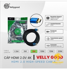 Cable HDMI VellyGood 5.0m (2.0v 4K/8.0mm/19+1 CCS/Gold aluminum alloy mold)