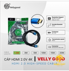 Cable HDMI VellyGood 1.5m (2.0v 4K/8.0mm/19+1 CCS/Gold aluminum alloy mold)