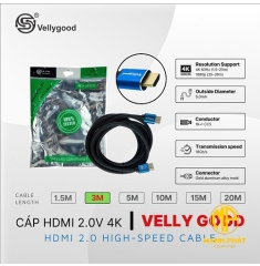 Cable HDMI VellyGood 3.0m (2.0v 4K/8.0mm/19+1 CCS/Gold aluminum alloy mold)