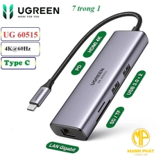 Bộ chuyển USB Type C 7 trong 1 Ugreen 60515, hỗ trợ HDMI 4K@60Hz + USB + LAN Gigabit + SD