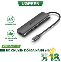 Thiết bị mở rộng 6 in 1 USB Type-C to HDMI/ Hub USB 3.0/ Audio 3.5mm/ Sạc PD 100W Ugreen 80132