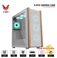 Case VSP E-ATX Gaming C19 Wooden White (USB 3.0 | Chuyên Main Dual CPU | Mặt trước giả gỗ | Nắp hông kính)