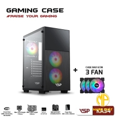 Vỏ Case VSP Gaming KA34 Kèm 3 fan Đen (ATX USB 3.0 | Có Sẵn 3Fan LED | Mặt trước lưới | Nắp hông kính)
