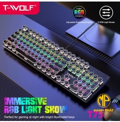 Keyboard T-Wolf T75 Phím cơ Punk mạ bạc Led USB White/Black/ Pink colour (104 phím tròn ,Blue Swich)
