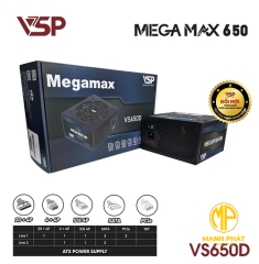 Bộ Nguồn VSP MEGAMAX VS650D 650W (Max 750W| AC 180-240V/ 5A| 89%| A.PFC| DC to DC |2*8Pin| 2* PCIe 8Pin| 4*Sata| 2*Molex| OCP, OPP, SCP, OVP)