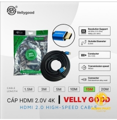 Cable HDMI VellyGood 15m (2.0v 4K/8.0mm/19+1 CCS/Gold aluminum alloy mold) Đầu mạ vàng