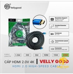 Cable HDMI VellyGood 20m (2.0v 4K/8.0mm/19+1 CCS/Gold aluminum alloy mold) 
