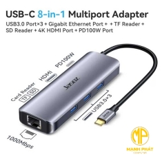 Bộ chuyển đổi Jasoz T-H112 USB-C 8 in 1 Hỗ Trợ HDMI 4K+ RJ45 Gigabit+ USB 3.0+SD/TF+PD 100W 