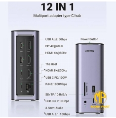 Bộ chuyển đổi USB-C sang 3*USB 3.0, 2*HDMI, 1DP, RJ45, SD&TF&3,5mm 12 in 1 CM555 Ugreen 90325