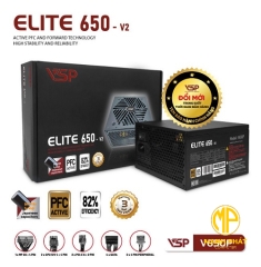 Bộ nguồn công suất thực VSP Elite V650P V2 (600w AC 180-240V/ 5A| A.PFC| 2*8Pin| 2* PCIe 8Pin| 4*Sata| 2*Molex| OVP, SCB, UVB)