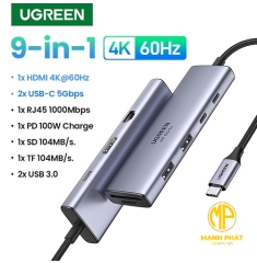 Bộ chuyển 9 in 1 Ugreen 15375 USB-C sang 2*USB-C + RJ45 Gigabit + HDMI 4K60HZ + PD + SD + TF + 2*USB3.0 cm498