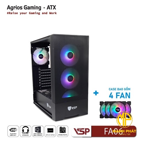 Vỏ Case VSP Gaming FA06 Đen 4Fans Led (ATX USB 3.0 | Có Sẵn 4Fan LED | Mặt trước lưới | Nắp hông kính)