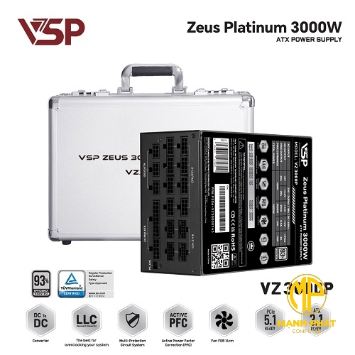 Nguồn VSP VSP Zeus VZ3000P Platinum 3000W (80Plus Platinum| AC 100~240V/ 15A| A.PFC| DC to DC | 2*8Pin| 2* ATX3.1/ PCI-E5.1 | Full Modular)