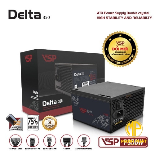 Bộ nguồn VSP Delta P350W (350W AC 200-240V/ 5A| 1*8Pin| 1* PCIe 8Pin| 2*Sata| 2*Molex| OVP, SCP)