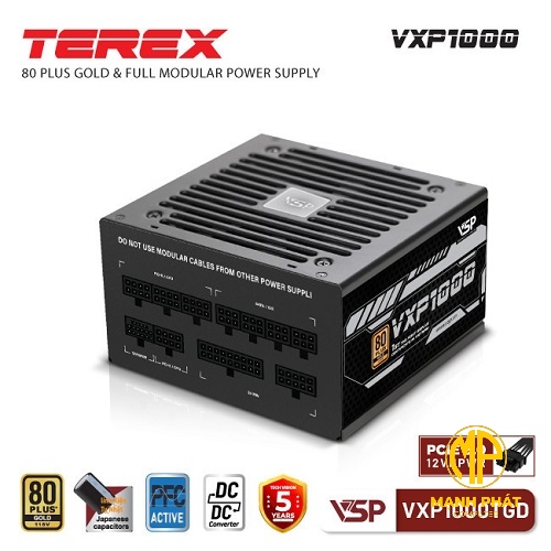 Bộ nguồn VSP TEREX VXP1000TGD JPN 1000W (80Plus Gold| AC 100~240V/ 12/6A| A.PFC| DC to DC | 2*8Pin| ATX3.1/ PCI-E5.1 | Full Modular)