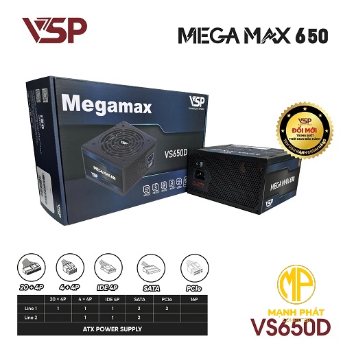 Bộ Nguồn VSP MEGAMAX VS650D 650W (Max 750W| AC 180-240V/ 5A| 89%| A.PFC| DC to DC |2*8Pin| 2* PCIe 8Pin| 4*Sata| 2*Molex| OCP, OPP, SCP, OVP)