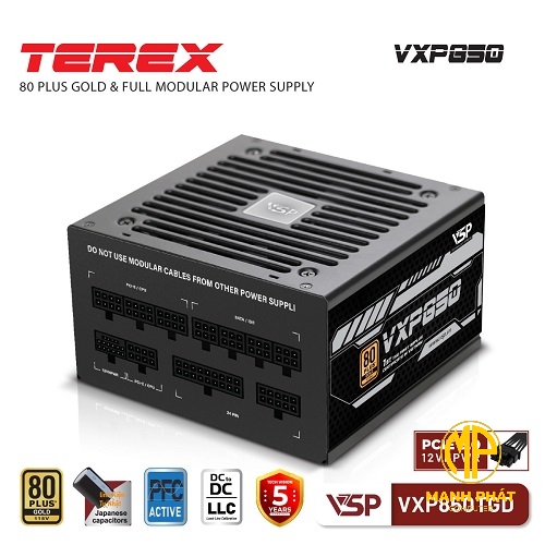 Bộ nguồn VSP TEREX VXP850TGD JPN 850W (80Plus Gold| AC 100~240V/ 12/6A| A.PFC| DC to DC | 2*8Pin| ATX3.0/ PCI-E5.0 | Full Modular)