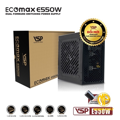 Bộ nguồn VSP EcoMax E550W (550W AC 180-240V/ 5A| 1*8Pin| 2* PCIe 8Pin| 4*Sata| 2*Molex| OVP, SCP, UVP)